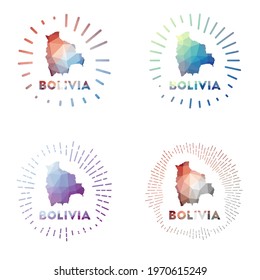 Bolivia low poly sunburst set. Logo of country in geometric polygonal style. Vector illustration.
