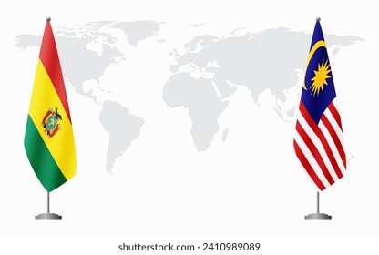 Bolivia and Malaysia flags for official meeting against background of world map.