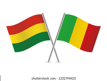 Bolivia and Mali crossed flags. Bolivian and Malian flags on white background. Vector icon set. Vector illustration.