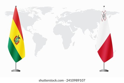 Bolivia and Malta flags for official meeting against background of world map.