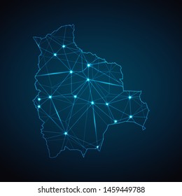 Bolivia Map - Abstract geometric mesh polygonal network line, structure and point scales on dark background with lights in the form of cities. Vector illustration eps 10.