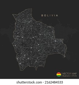 Bolivia map abstract geometric mesh polygonal light concept with black and white glowing contour lines countries and dots on dark background. Vector illustration.