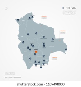 Bolivia map with borders, cities, capital Sucre and administrative divisions. Infographic vector map. Editable layers clearly labeled.
