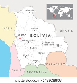 Mapa de Bolivia con la capital La Paz, ciudades más importantes y fronteras nacionales