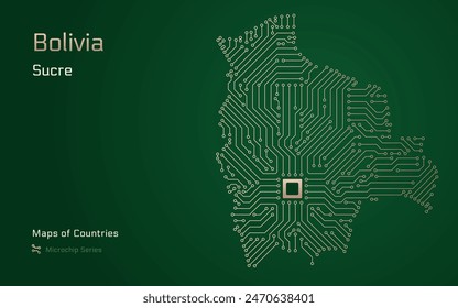 Bolivia Map with a capital of Sucre Shown in a Microchip Pattern with processor. E-government. World Countries vector maps. Microchip Series	