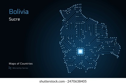 Bolivia Map with a capital of Sucre Shown in a Microchip Pattern with processor. E-government. World Countries vector maps. Microchip Series	