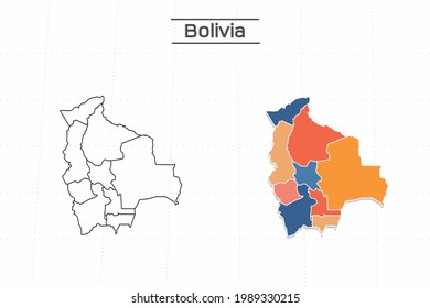 Bolivia map city vector divided by colorful outline simplicity style. Have 2 versions, black thin line version and colorful version. Both map were on the white background.