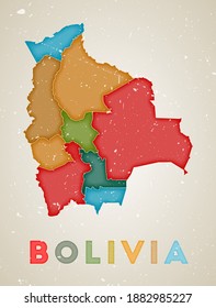 Bolivienkarte. Country Poster mit farbigen Regionen. Alte Grunge Textur. Vektorgrafik von Bolivien mit Ländernamen.
