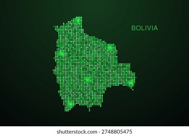 Bolivia Map - Digital dotted map with glowing green points on dark background, modern technology style, abstract data network design, clean minimal geometric vector illustration.