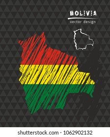 Bolivia map with flag inside on the black background. Chalk sketch vector illustration