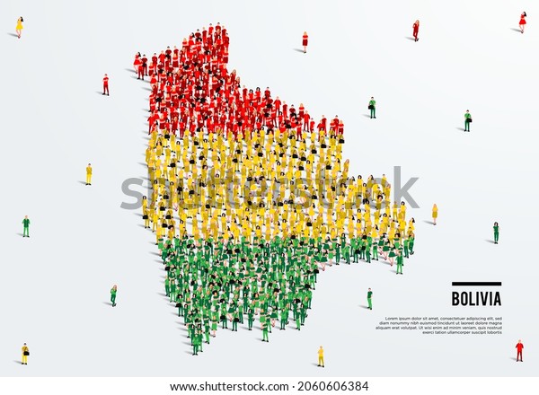 Bolivia Map\
and Flag. A large group of people in the Bolivia flag color form to\
create the map. Vector\
Illustration.