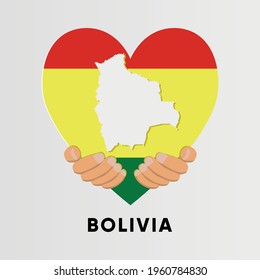 Bolivia Mapa en forma cardíaca sostenido por las manos, diseño de ilustraciones vectoriales