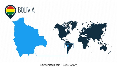 Bolivia map located on a world map with flag and map pointer or pin. Infographic map. Vector illustration isolated on white background.