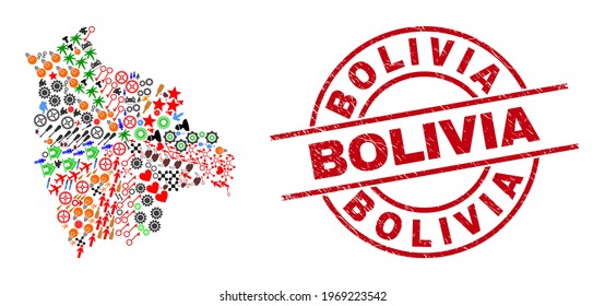 Bolivia map mosaic and dirty Bolivia red round badge. Bolivia badge uses vector lines and arcs. Bolivia map mosaic contains gears, homes, lamps, suns, wine glasses, and more symbols.