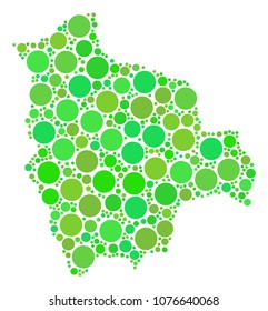 Bolivia Map mosaic of scattered dots in various sizes and green color tones. Vector round elements are combined into bolivia map composition. Ecological geography map vector illustration.
