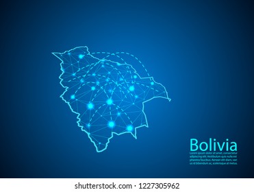 bolivia map with nodes linked by lines. concept of global communication and business. Dark bolivia map created from white dots with travel locations or internet connection.