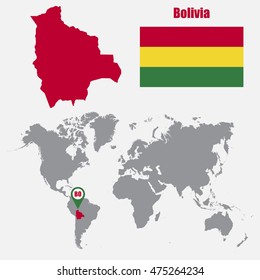 Bolivia map on a world map with flag and map pointer. Vector illustration