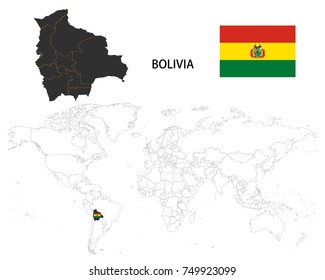 Bolivia map on a world map with flag on white background.