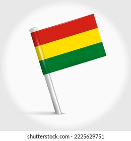 Bolivia map pin flag icon. Bolivian pennant map marker on a metal needle. 3D realistic vector illustration.