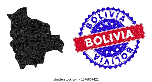 Bolivia map polygonal mesh with filled triangles, and distress bicolor seal. Triangle mosaic Bolivia map with mesh vector model, triangles have different sizes, and positions, and color tones.