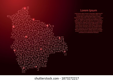 Bolivia map from red pattern of the maze grid and glowing space stars grid. Vector illustration.