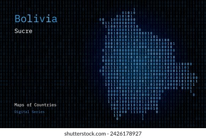 Bolivia Map Shown in Binary Code Pattern. Matrix numbers, zero, one. World Countries Vector Maps. Digital Series