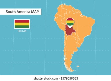 Bolivia map in South America, icons showing Bolivia location and flags.