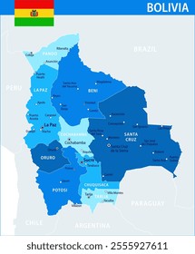 Bolivia Map Vector Blue Spot - Customizable layered political map of Bolivia with administrative divisions for website, education, reports, news, politics, print, poster and wallpaper