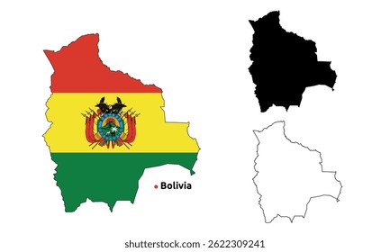 Bolivia Map Vector - Country Outline, Flag Inside Map, Blank and Silhouette Version
