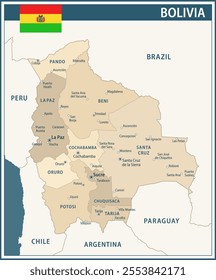 Bolivia Map Vector Vintage Dark Blue Beige - Customizable layered political map of Bolivia with administrative divisions for website, education, reports, news, politics, print, poster and wallpaper