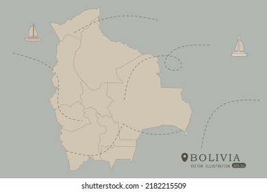 Mapa de Bolivia - Mapa mundial Mapa internacional de vectores Alto detalle con color marrón aislado en fondo gris incluyendo punto de ubicación simple, viento, icono del barco - Ilustración vectorial eps 10