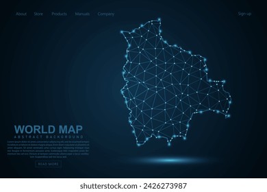 Mapa de Bolivia - Mapa del Mundo línea de masa y escalas de puntos sobre fondo azul de la tecnología. Línea de red poligonal de malla 3D de marco de alambre, esfera de diseño, punto y estructura - Ilustración vectorial eps 10