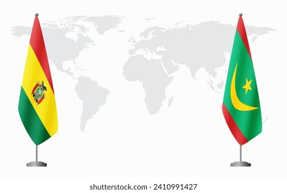 Bolivia and Mauritania flags for official meeting against background of world map.