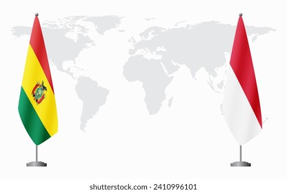 Bolivia and Monaco flags for official meeting against background of world map.