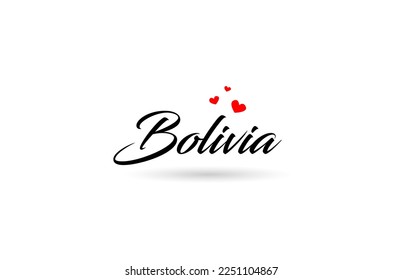 Bolivia name country word with three red love heart. Creative typography icon logo design