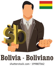 Bolivia national currency Bolivian boliviano symbol representing money and Flag. Vector design concept of businessman in suit with open hand over with currency isolated on white background in EPS10.
