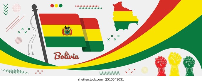 Anuncio del día nacional de Bolivia con la bandera nacional y el mapa con un fondo rojo, amarillo y verde, que celebra la independencia del país, el rico patrimonio cultural y el orgullo nacional