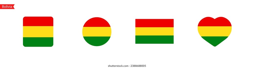 Bolivia national flag. Bolivia flag icons for UI design. Isolated flag symbols in the shape of a square, circle, heart. Vector icons