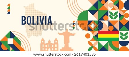 Bolivia national vector banner featuring the flag, dotted map, landmarks, and geometric pattern design