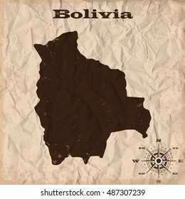 Bolivia old map with grunge and crumpled paper. Vector illustration