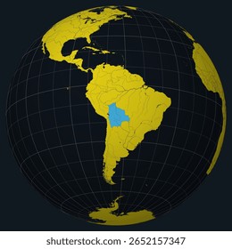 Bolivia on Globe. Country view on the world map in Charcoal Bright Yellow color palette. Bolivia shape on map. Globe with meridians, parallels, countries, rivers and lakes.