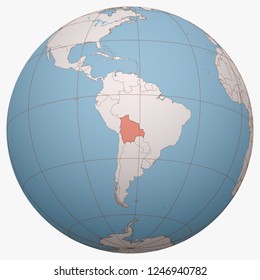 Bolivia on the globe. Earth hemisphere centered at the location of the Plurinational State of Bolivia. Bolivia map.