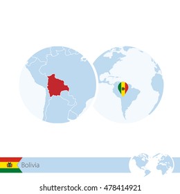 Bolivia on world globe with flag and regional map of Bolivia. Vector Illustration.