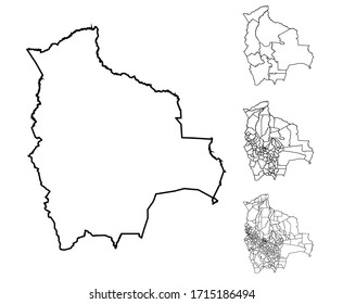 Bolivia outline map vector with administrative borders, regions, municipalities, departments in black white colors
