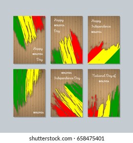 Bolivia Patriotic Cards for National Day. Expressive Brush Stroke in Flag Colors on kraft paper background. Vector Greeting Card.