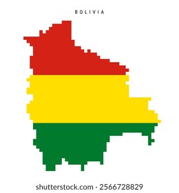 Bolivia pixel flag map icon. 8 bit pixel art Bolivian map covered with flag. Flat vector illustration isolated on white background.