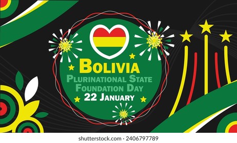 Bolivia Plurinational State Foundation Day diseño de pancartas vectoriales con formas geométricas y colores vibrantes sobre un fondo horizontal. Afiche moderno del Día de la Fundación Plurinacional de Bolivia.