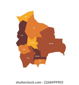 Bolivia political map of administrative divisions - departments. Flat vector map with name labels. Brown - orange color scheme.