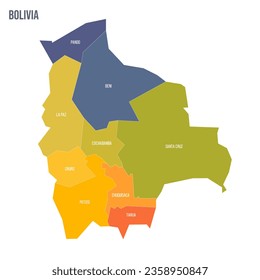 Mapa político boliviano de divisiones administrativas - departamentos. Mapa político de colorido espectro con etiquetas y nombre de país.