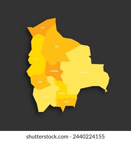 Bolivia political map of administrative divisions - departments. Yellow shade flat vector map with name labels and dropped shadow isolated on dark grey background.